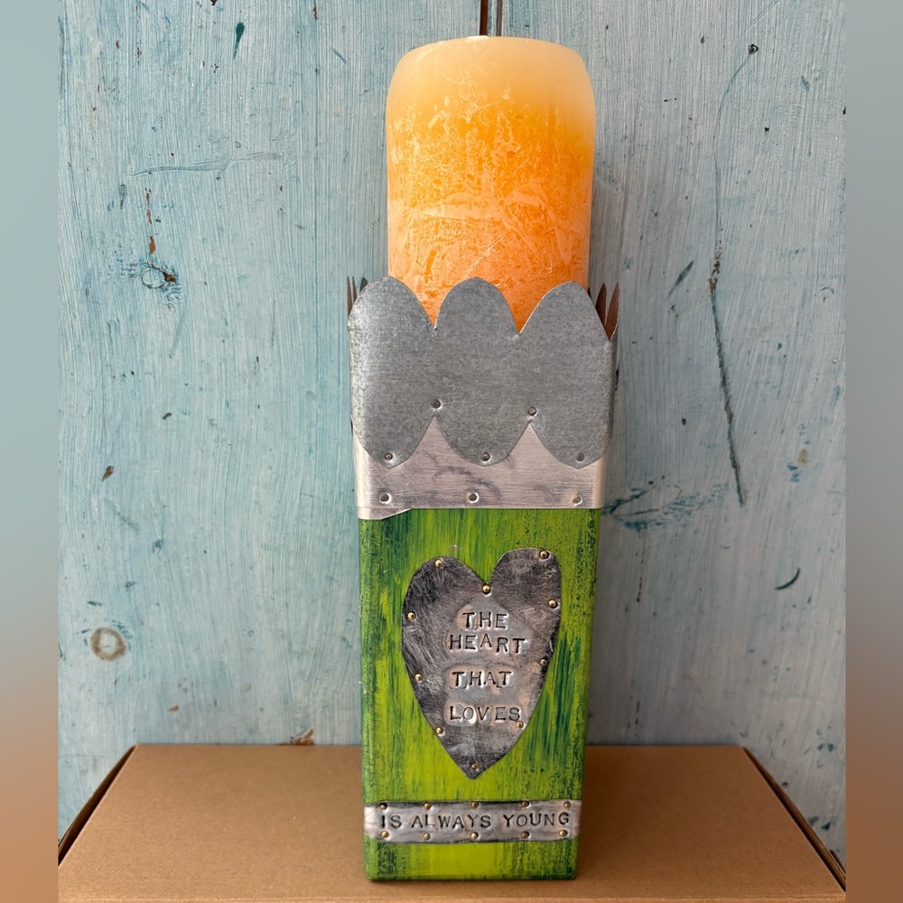 Artisan-Made Wood & Tin Decorative Green Candle Holder with Etched Saying - Picture 10 of 12
